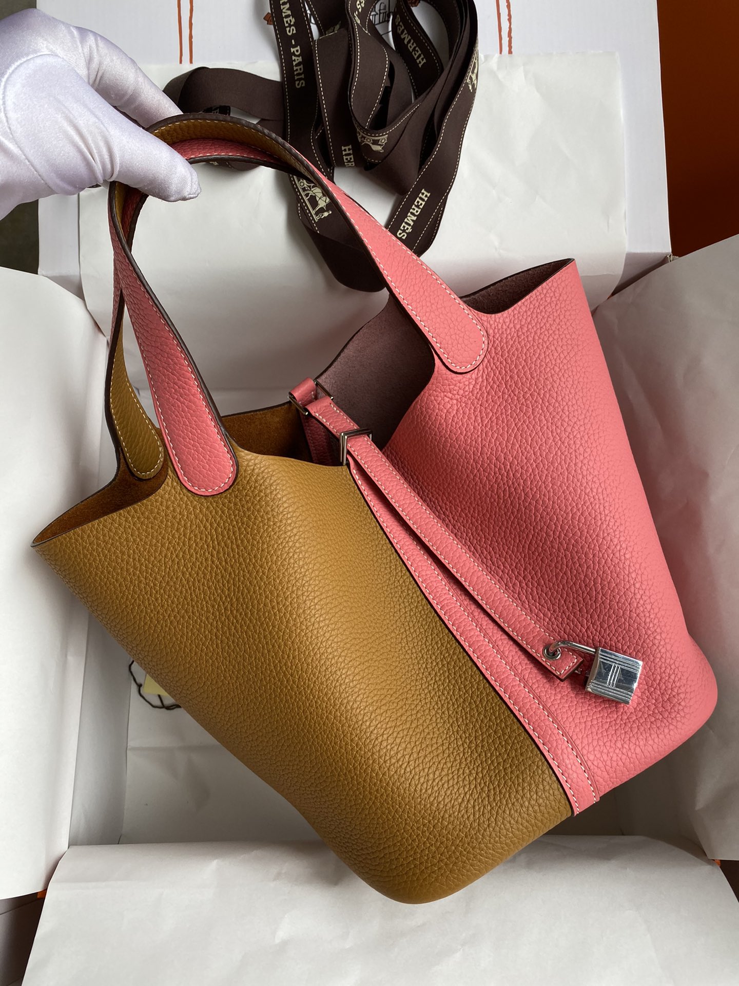 Hermes Picotin Lock 22 Bag In Pink/Brown Clemence Leather